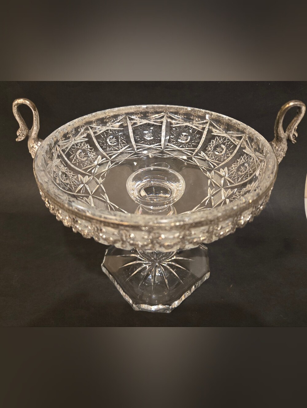 Vintage Clear Crystal Pedestal Compote with Swan Handles And Metal Detail
